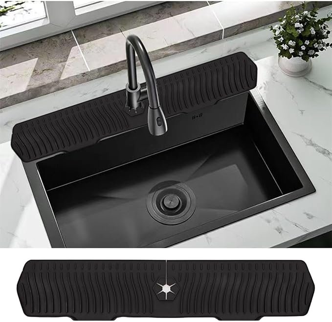 30 Inch Sink Splash Guard, Large Size Kitchen Sink Splash Guard, Longer Silicone Faucet Handle Drip Catcher Tray for Kitchen Countertop, Bathroom, Farmhouse (Black)