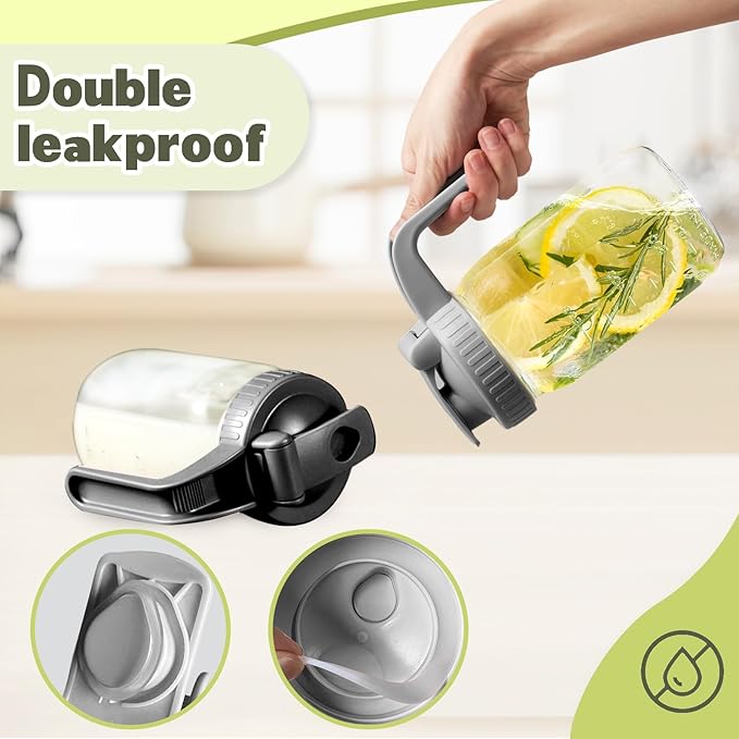 2 Pack Wide Mouth Mason Jar Lids V-Shaped with Handle, Mason Jar Pour Spout with Extended Flip Lid Easy to Open, Airtight Leak Proof and Durable