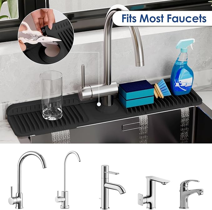 24 Inch Silicone Faucet Mat for Kitchen Sink Splash Guard - 7° Slope Upgraded Water Draining Mat with Fasten Button for Bathroom Area (Black, 24''x5.5'')