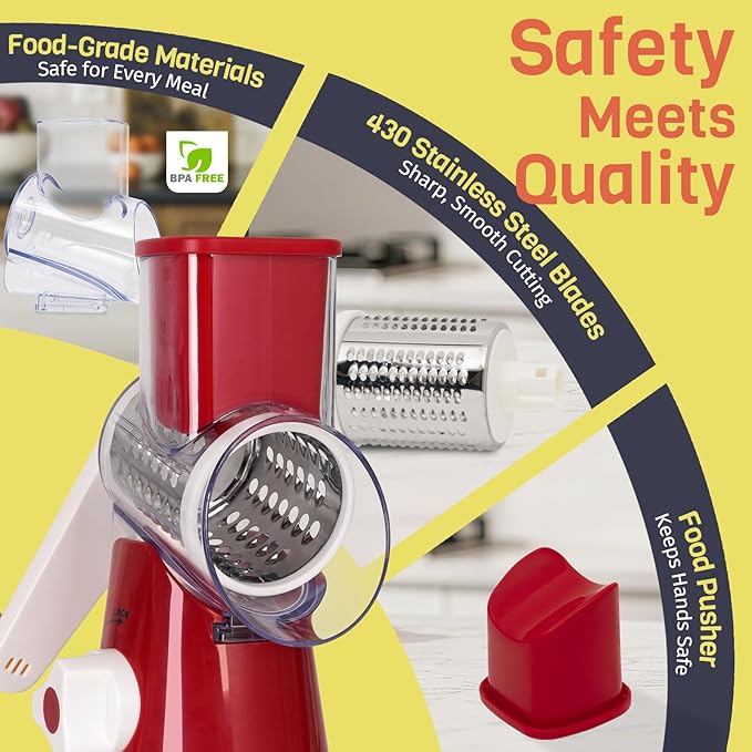 Cheese Grater Hand Crank, Rotary Cheese Shredder with 3 Interchangeable Blades for Coarse, Fine Shredding and Slicing, Strong Suction Base for Pizza, Pasta, Salad, Vegetables, Nuts, Chocolate