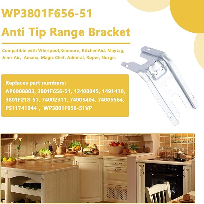 WP3801F656-51 3801F656-51 Stove Anti-Tip Bracket Compatible with Whirlpool, Kenmore, KitchenAid, Maytag Range/Stove/Oven Floor or Wall Mount Anti Tip Bracket Replaces 12400045,PS11741944,AP6008803