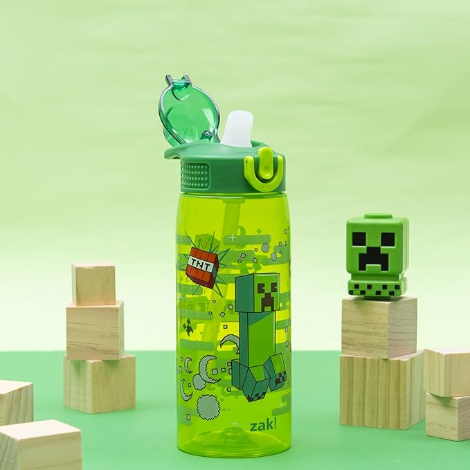 Zak Designs Minecraft Sage Water Bottle For School or Travel, 25oz Durable Plastic Water Bottle With Straw, Handle, and Leak-Proof, Pop-Up Spout Cover (Creeper)