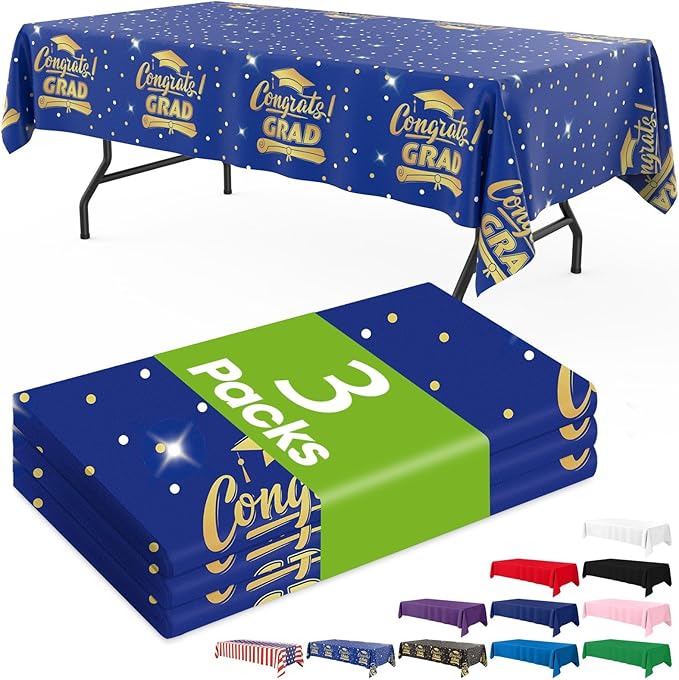 Pureegg Graduation Decorations 2026, 3 Pack Gongrats Grad Table Cloth for Graduation Party Supplies, Class of 2026 Decorations, 54x108 Inch, Graduation Blue