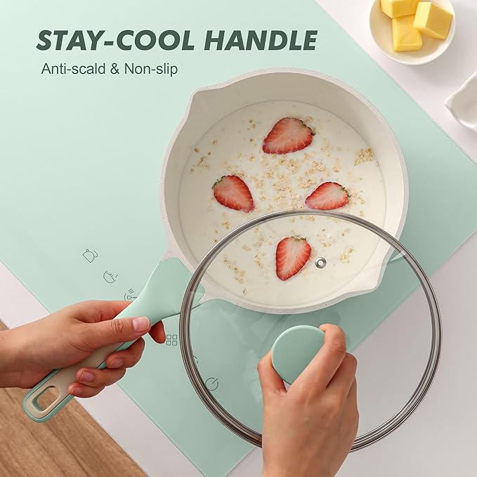 SENSARTE Ceramic Nonstick Saucepan with Double Pouring Spout 3.0 Quarts, Cooking Pot with Stay Cool Handle, Induction Compatible, Ceramic Coating, Free of Intentionally Added PFOA/PFAS, Green
