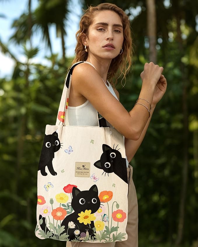 Miss Adola Corduroy Tote Bag for Women - Reusable Totes with Magnetic Buckle & Pocket Aesthetic Design Work Grocery Bags