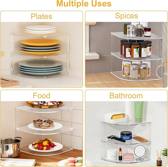 Acrylic Plate Organizer for Cabinet Kitchen Countertop Corner Clear Cabinet Organizer for Paper Plate and Bowl Dishes Pantry Storage Corner Rack Plate Holder for Cabinet Shelf Space Saver