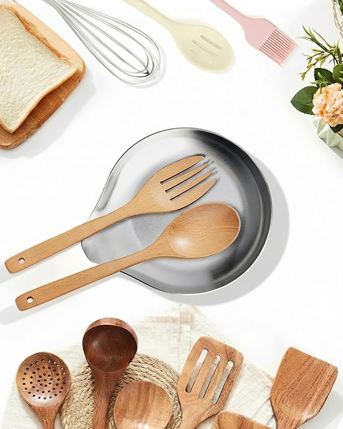 Stainless Steel Spoon Rest, Spatula Ladle Holder, Stainless Steel Utensil Spoon Rest Holder, Brushed Finish, Dishwasher Safe 5.9 x 5.1 Inch (Round Silver 1PC)