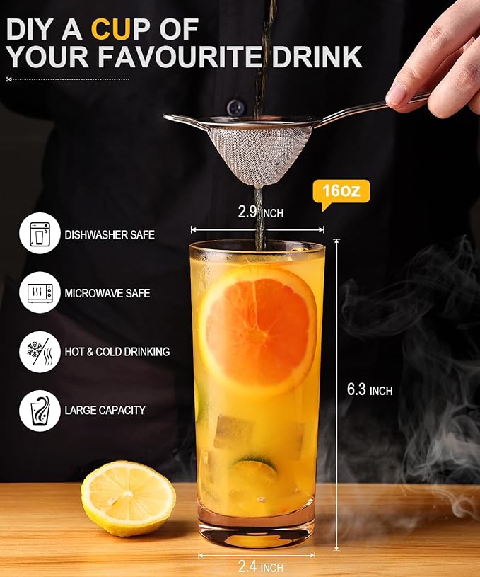 LUNA & MANTHA Drinking Water Glasses Set, Lead-Free Crystal Highball Glass, Tall Glass Cups for Cocktail Parties,Clear set of 4,16oz