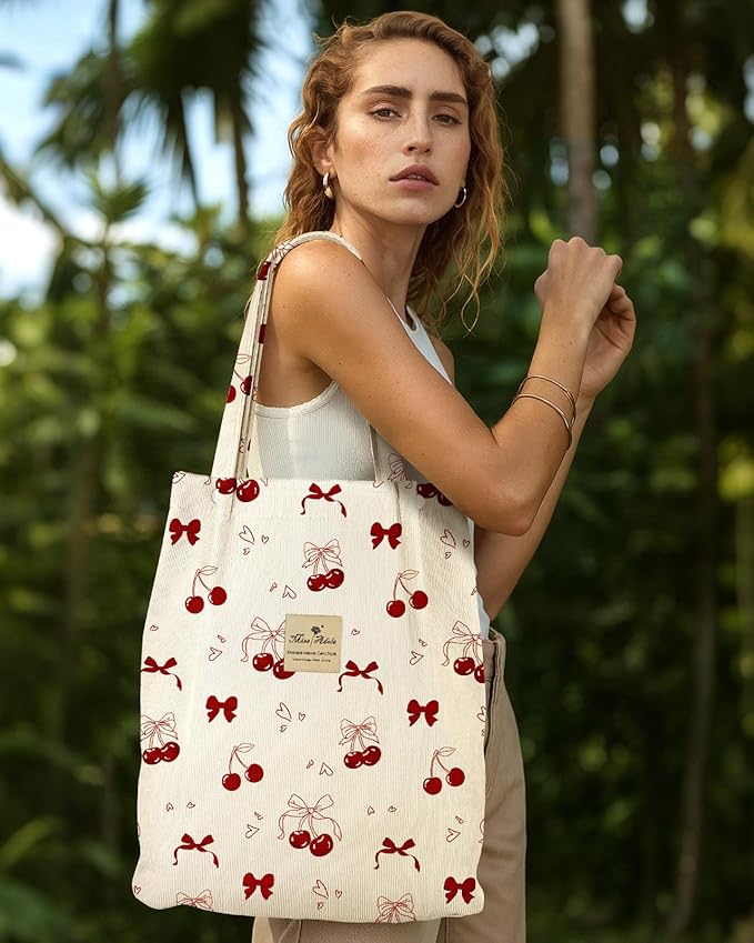 Miss Adola Corduroy Tote Bag for Women - Reusable Totes with Magnetic Buckle & Pocket Aesthetic Design Work Grocery Bags