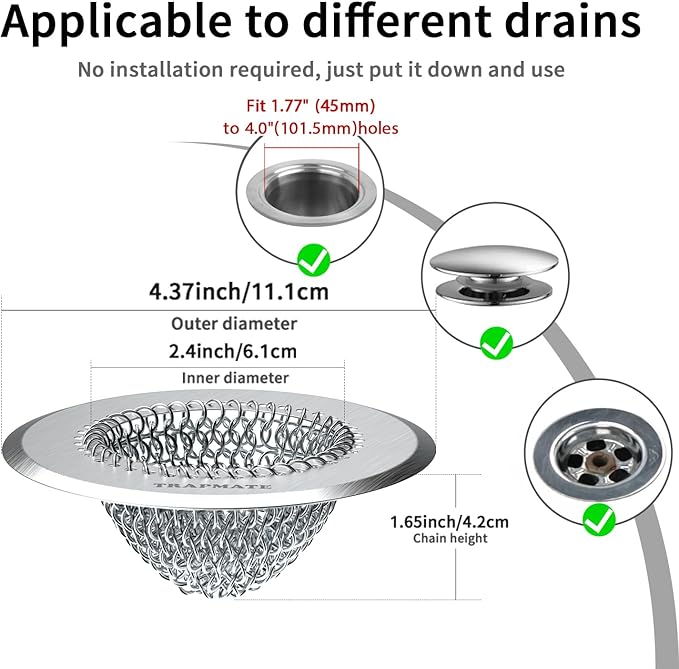 TRAPMATE Shower Drain Hair Catcher, 4.4" Easy Clean Bathtub Drain Hair Catcher, Anti-Slip Bath Tub Drain Protector, Upgraded 304 Stainless Steel Shower Sink Drain Cover for Bathroom (Patented Product)