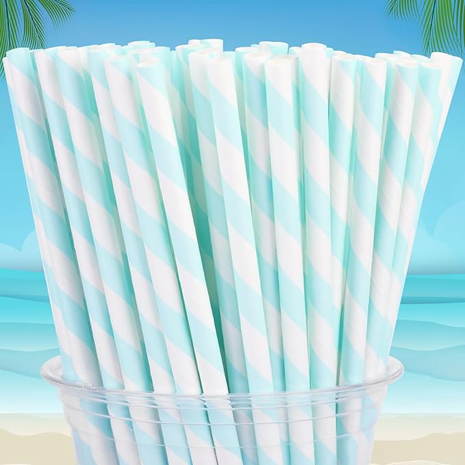 100 Packs Light Blue Biodegradable Striped Paper Straws, Disposable Drinking Straws for Birthday Carnival Summer Pool Party Wedding Baby Shower Halloween Christmas Party Decoration Supplies