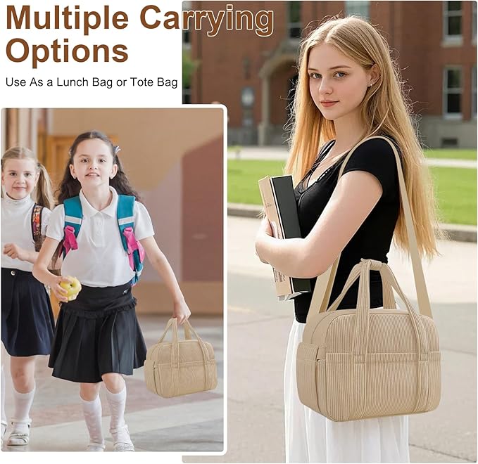 KUBYA Corduroy Lunch Box Lunch Bag for Women Men, Cute Strawberry Small Insulated Reusable Work Leakproof Simple Lunch Boxes Tote Bag Adults Cooler Bag