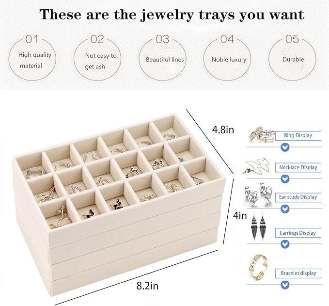 Velvet Jewelry Organizer for Drawer, Stackable Jewelry Drawer Inserts in Dresser, 8in Beige Storage Display Case for Rings Stud Necklaces Accessories, Set of 8