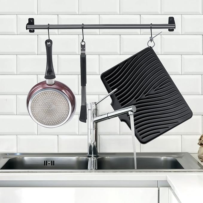 Silicone Dish Drying Mat for Kitchen Counter, Dish Drying Pad, Non-Slip Drain Pad with Built-in Drain, Heat Resistant Stone Drying Mat(16" x 12", Black)