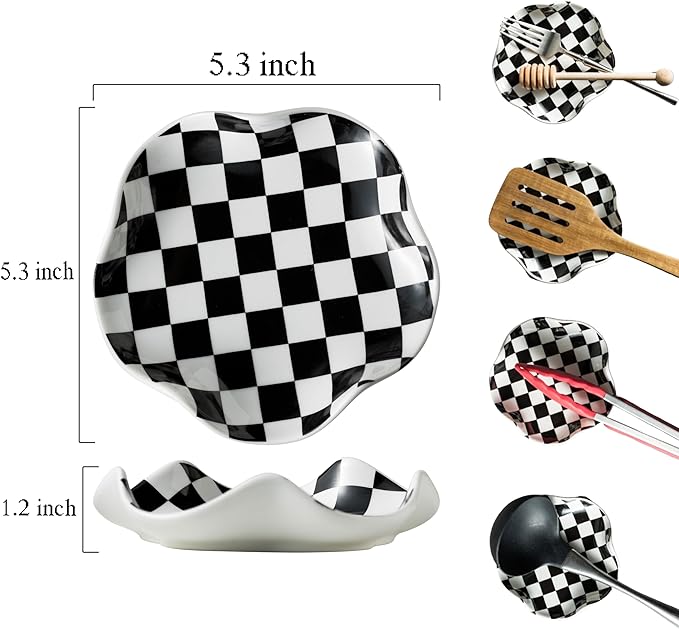 Spoon Rest for Stove Top, 5.3in Checkered Spoon Holder Utensil Rest, Ceramic Spoon Rests for Coffee Bar, Kitchen Gadget Cooking Gift for Housewarming - Heat Resistant & Dishwasher Safe