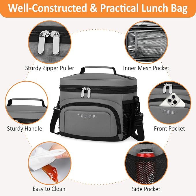 Vankor Insulated Lunch Bag for Men Women, Reusable Lunch Box Leakproof Cooler Lunch Tote Bag with Adjustable Shoulder Strap for Work Office Picnic Beach Travel, Grey