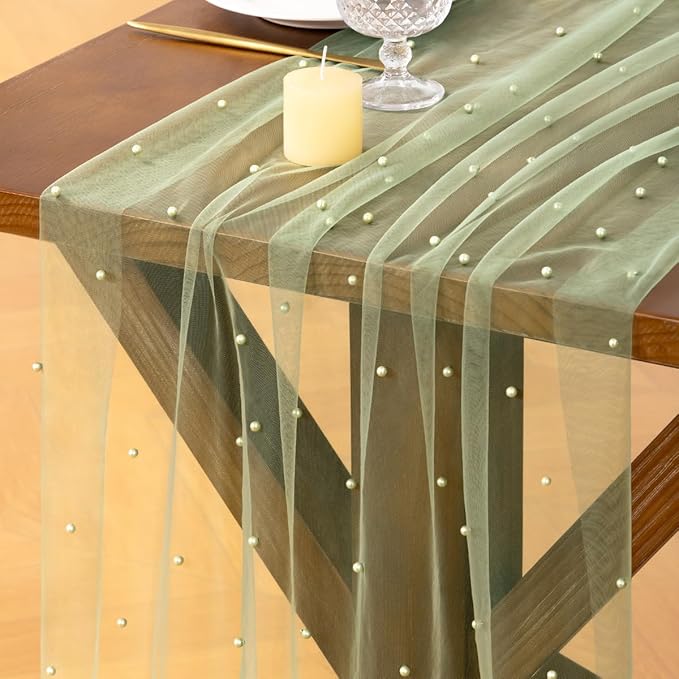Socomi Pearl Table Runner Tulle Summer Cheesecloth 10FT Gauze Cheese Cloth Sheer Chiffon Wedding Birthday Party Baby Shower Bridal Anniversary Holiday Centerpiece Table Decor 3pcs Sage Green