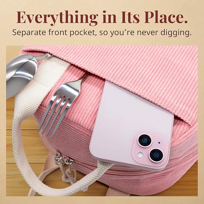 LOVELYWIND Insulated Sugar Pink Lunch Bag for Women, Stylish Corduroy Tote with Aluminum Lining, Large Capacity Reusable Cooler for Work, Travel, or Beach, Beige Cream Water-Resistant Lunch Box