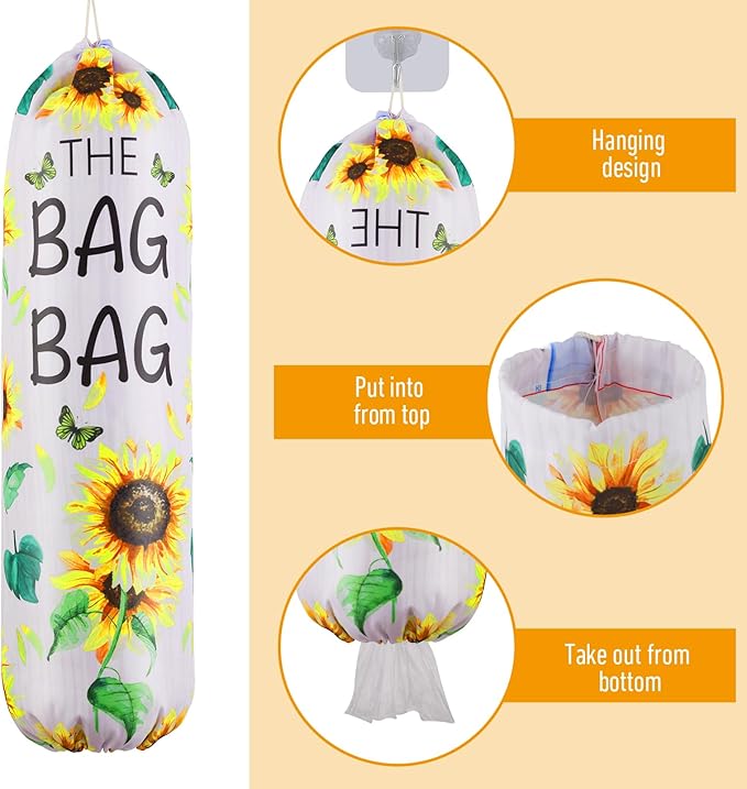 Plastic Bag Holder, Sunflower Kitchen Dispenser Holders Reusable Washable Trash Garbage Bag Holder with Drawstring Closure for Home Kitchen Pantry Groceries Store Decor