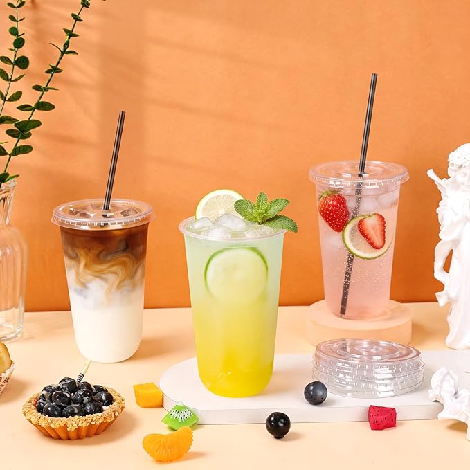 tchrules 100 Set 18oz Plastic Cups with Lids and Straws, Disposable Clear Iced Coffee Cup with Lid, Round Bottom Plastic To Go Cups for Cold Drinks Slushie Smoothie Lemonade Party Picnic Shop Supplies