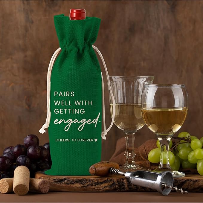 Engaged Gifts, Engagement Gifts for Couples Her, Engagement Party Decorations Gifts for Engaged Couple Wine Bag, Pairs Well with Getting Engaged Wine Bottle Bag（Green）