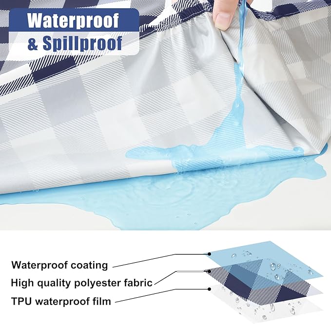Smiry Picnic Table Cloth 2 Pack, Waterproof Elastic Fitted Tablecloths for 18x72 Rectangle Tables, Washable Polyester Buffalo Plaid Tablecloth for Camping, Dining & Outdoor (Navy & White, 18" x 72")