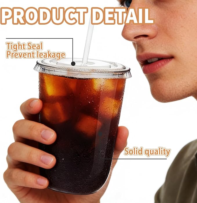 Alaeseje 50 Pack Clear Plastic Cups with Lids and Straws,20 oz Disposable Iced Coffee Cups,PET Crystal Cups,Round Bottom To Go Cup for Iced Coffee Juice Smoothie Cold Beverage