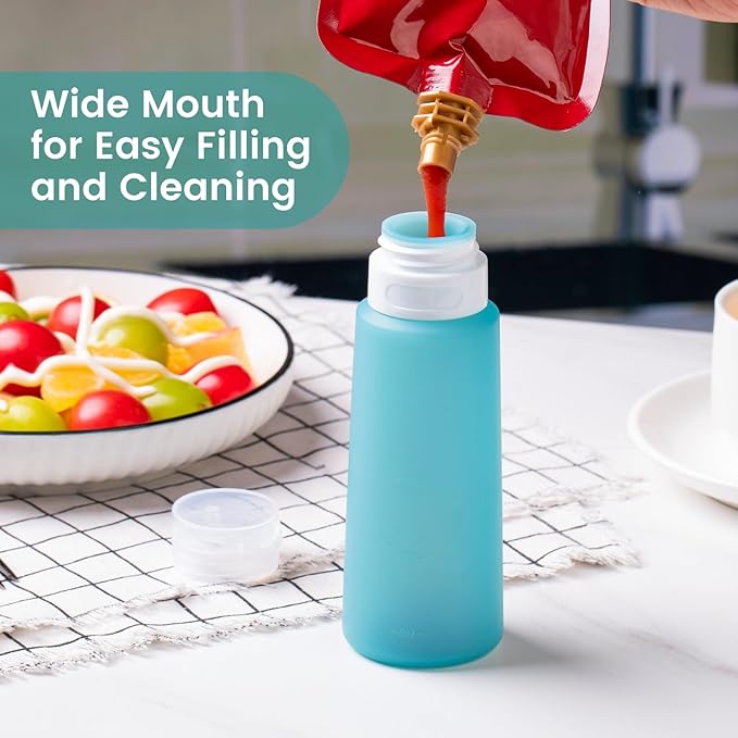 MICEBAY Condiment Squeeze Bottles for Sauces, 6-oz Small Silicone Salad Dressing Container to Go with Snack Storage Bag, Leakproof Sauce Bottles for Lunch Box, 4 Pack, Mint
