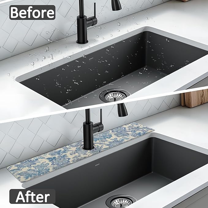 24" X 5.5" Kitchen Sink Splash Guard Faucet Mat Flora Super Absorbent Fast Drying Faucet Guard & Draining Mat Sink Splash Guard Behind Faucet for Kitchen, Bathroom