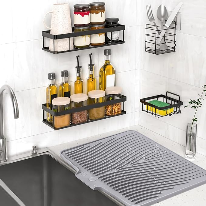 Silicone Dish Drying Mat, Stone Drying Mat for Kitchen Counter with Built-In Drain, Non-Slip Drain Pad with Built-in Drain, Heat Resistant Stone Drying Mat, Hangable, Grey-2pcs, 20" x 15"