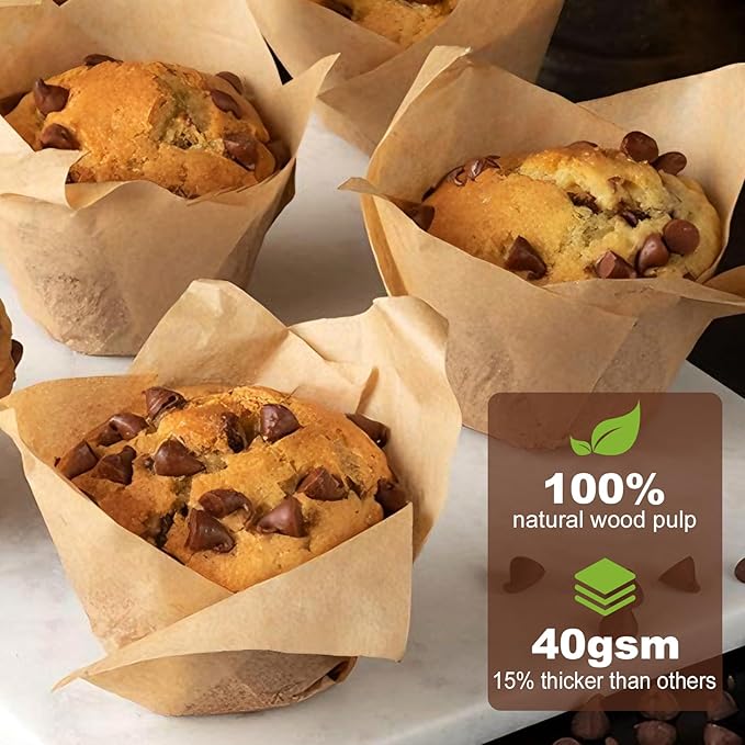 100pcs Extra Large Size Tulip Cupcake Liners for Baking Cups, Food Grade Parchment Paper Large Muffin Liners Holders, Greaseproof Cup cake Wrappers for Party, Christmas by Neyimqr (Natural)