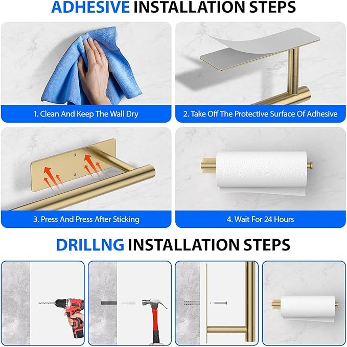 Paper Towel Holder Under Cabinet, Self-Adhesive,No Drilling, Stainless Steel, Wall-Mounted for Kitchen and Bathroom, Easy Install, Durable, Space-Saving, Ideal for Home, RV (Gold, 1 Pack)
