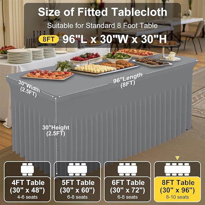 Smiry Spandex Tablecloth 2 Pack, Elastic Fitted Stretch Tablecloth for 8FT Rectangle Tables, Waterproof Washable Table Cover Skirt for Outdoor, Wedding, Banquet & Parties (Grey, 96Lx30Wx30H Inch)