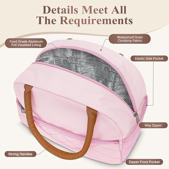 KUBYA Lunch Box for Women Adult Men Insulated Cute Quilted Lunch Bag Women Reusable Large Lunch Tote Bag Leakproof Simple Cooler Bag for Work Office Picnic Beach or Travel
