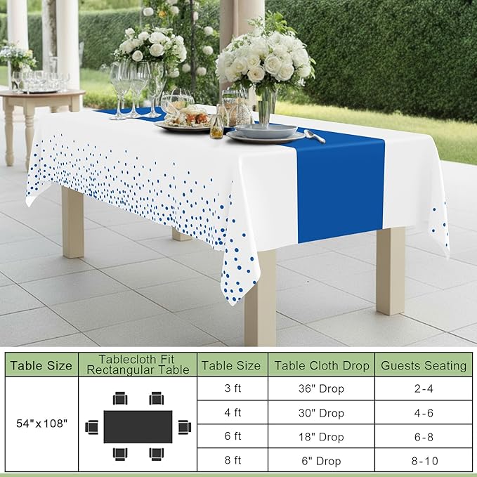Smiry Plastic Table Cloth Disposable 3 Pack, 54 x 108 Inch Rectangle Waterproof Tablecloth, Printed Gold Table Runner Style for Birthday Weeding, Party Decorations, Leakproof & Sturdy, White and Blue