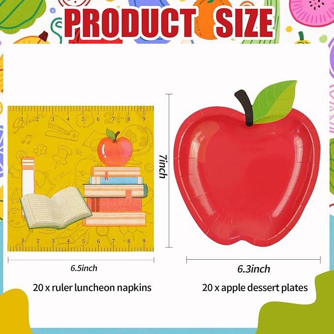 40 PCS Back to School Apple Paper Plates and Napkins Decorations, First Day of School Disposable 7 Inch Dessert Plates Tableware Set for Composition Notebook Classroom Pre K Teacher Party Supplies