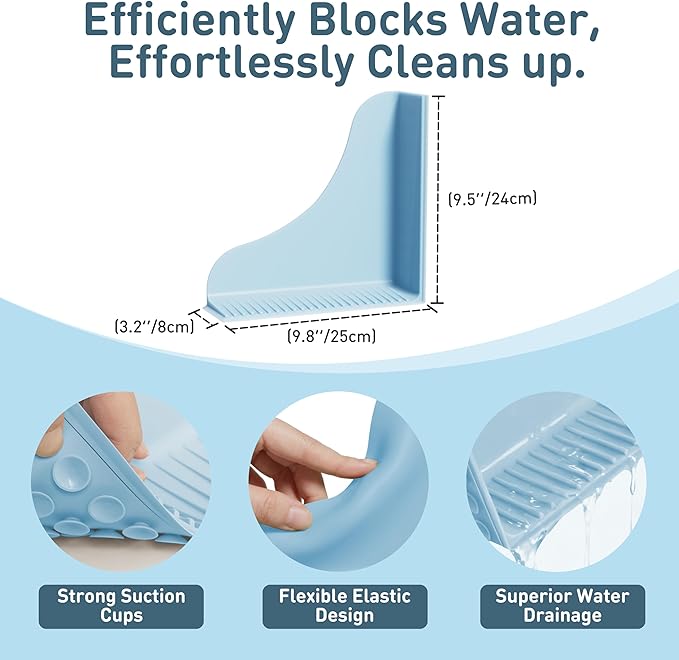 No-Adhesive 2-Pack All-Silicone Shower Splash Guard with Strong Suction Cups, Reusable One-Piece Bath Tub Corner Water Blocker for Secure Seal&Easy Removal，Keep Water in Shower or Bath, Baby Blue