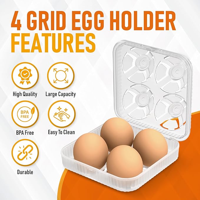ZPU Egg Holder Camping, 2Pcs 4 Grid Egg Container, Plastic Egg Carrier for Camping Picnic Travel Outdoor Refrigerator Kitchen, Protective Egg Storage Case, Grey Orange