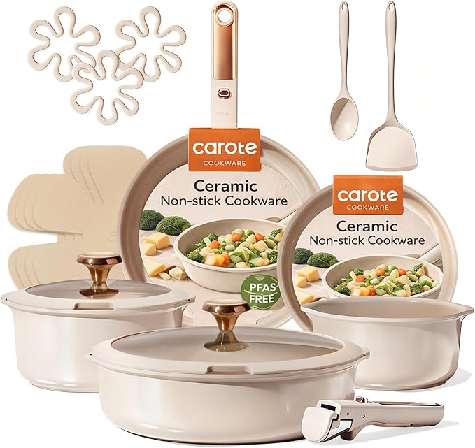 CAROTE 18Pcs Ceramic Cookware Set with Detachable Handle, Pots and Pans Set Non Stick, Non Toxic Cookware Set Removable Handles, Induction Kitchen Cookware Sets, Dishwasher/Oven Safe