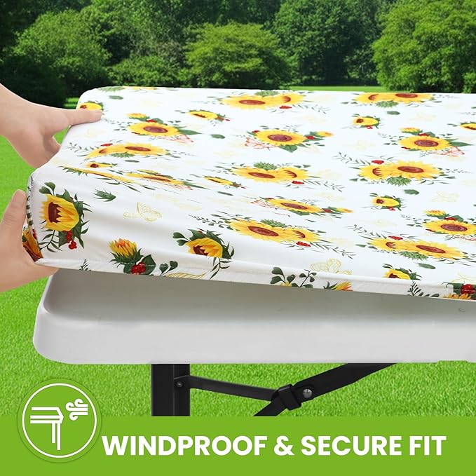 Smiry Spandex Fitted Tablecloth for 8 Foot Rectangle Tables, Washable Picnic Table Cover with Elastic, Stretch Reusable Table Cloth for Outdoor, Camping, Dining & Kitchen (Sunflower, 30"x96")