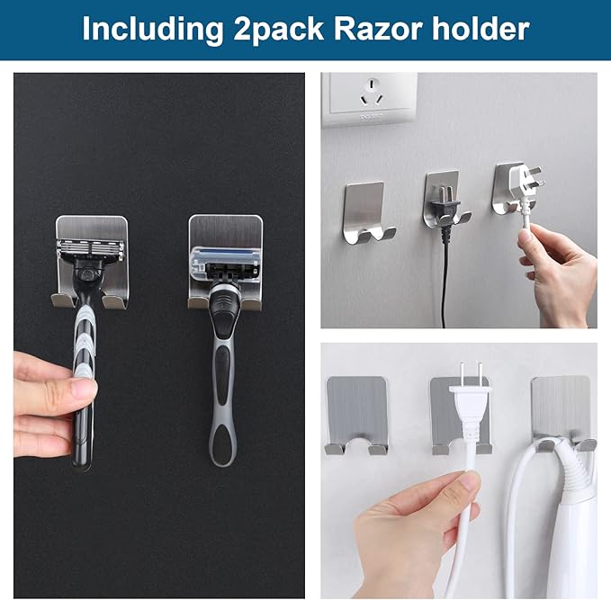 Diesisa Razor Holder for Shower + Adhesive Wall Hooks, Premium 304 Stainless Steel Shower Razor Holder with Heavy Duty Waterproof Sticky Hooks for Hanging Towels, Coat, hat (4+4 Pack) - Black