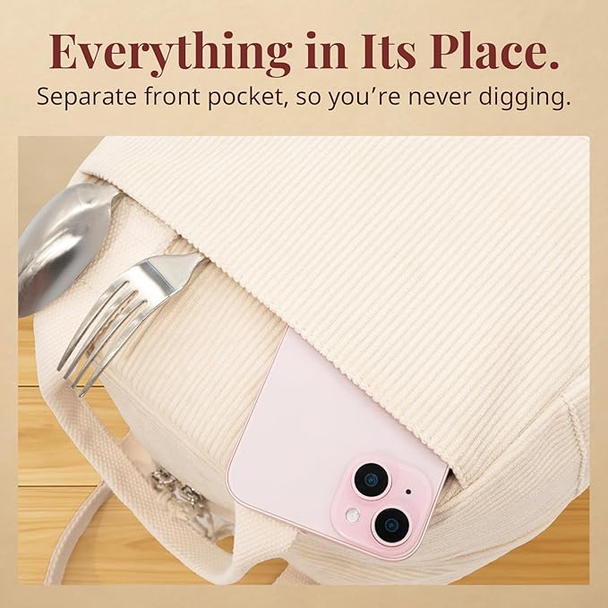 LOVELYWIND Insulated Cream Beige Lunch Bag for Women, Stylish Corduroy Tote with Aluminum Lining, Large Capacity Reusable Cooler for Work, Travel, or Beach, Beige Cream Water-Resistant Lunch Box