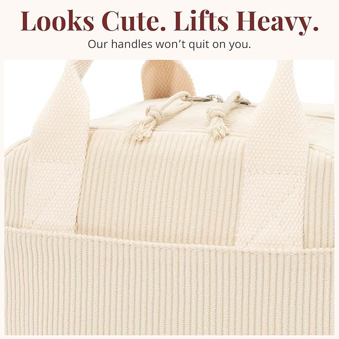 LOVELYWIND Insulated Cream Beige Lunch Bag for Women, Stylish Corduroy Tote with Aluminum Lining, Large Capacity Reusable Cooler for Work, Travel, or Beach, Beige Cream Water-Resistant Lunch Box