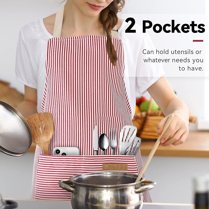 NLUS 2 Pack Cooking Aprons for Women with Pockets, Adjustable Kitchen Bib Aprons Chef Aprons for Women Men(Red Pinstripes)