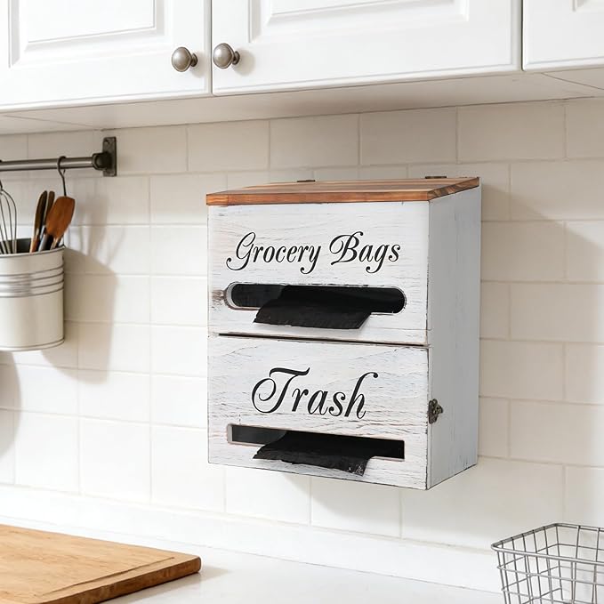 2 in 1 Trash Bag Dispenser, Double Wall Mounted,Wood Trash Bag Holder, used in kitchen, garage, laundry room, can store Environmentally friendly food bags (Vintage/Large(10inch*5.5inch*12.2inch）)