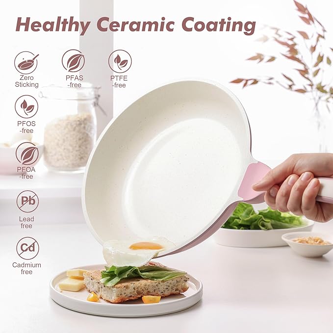 SENSARTE Nonstick Ceramic Frying Pan with Lid 9.5 Inch Omelet Pan Skillet, Free of Intentionally Added PFAS/PTFE Non-toxic Chef's Pan Induction Compatible Pan, Heat Resistant Handle, Sakura Pink