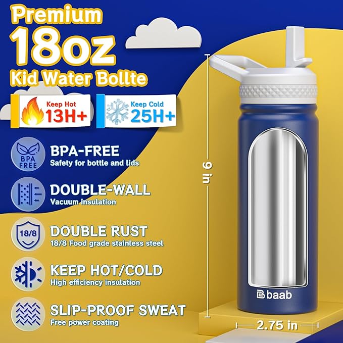 baab 18oz Kids Water Bottle, Insulated Water Bottle with Straw & Stickers, 18/8 Stainless Steel Vacuum Leakproof Kids Water Straw Cup for School, Perfect for Boy Girl (Navy Blue, 1 Pack)