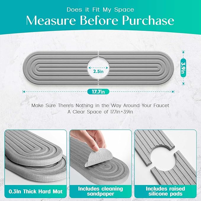 Stone Faucet Mat for Kitchen Sink – Diatomite Fast-Drying Stone Tray, Faucet Mat Sink Splash Guard, Decorative Sink Protector for Kitchen Bathroom Counter [Gray, 17.7''x3.9'']