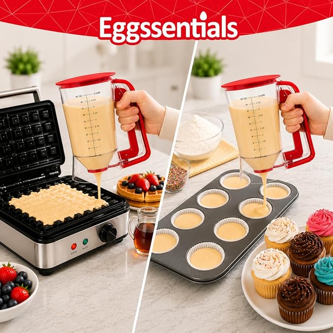 Eggssentials - Pancake dispenser, 5-Cup/1200ml Pancake Dispenser for Batter, Cupcake Batter Dispenser, Waffles & Crepes, Easy Squeeze Handle, Dishwasher Safe - Red Pancake Mix Dispenser