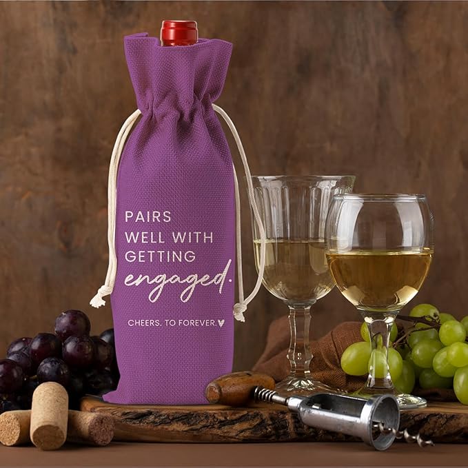 Engaged Gifts, Engagement Gifts for Couples Her, Engagement Party Decorations Gifts for Engaged Couple Wine Bag, Pairs Well with Getting Engaged Wine Bottle Bag（Purple）